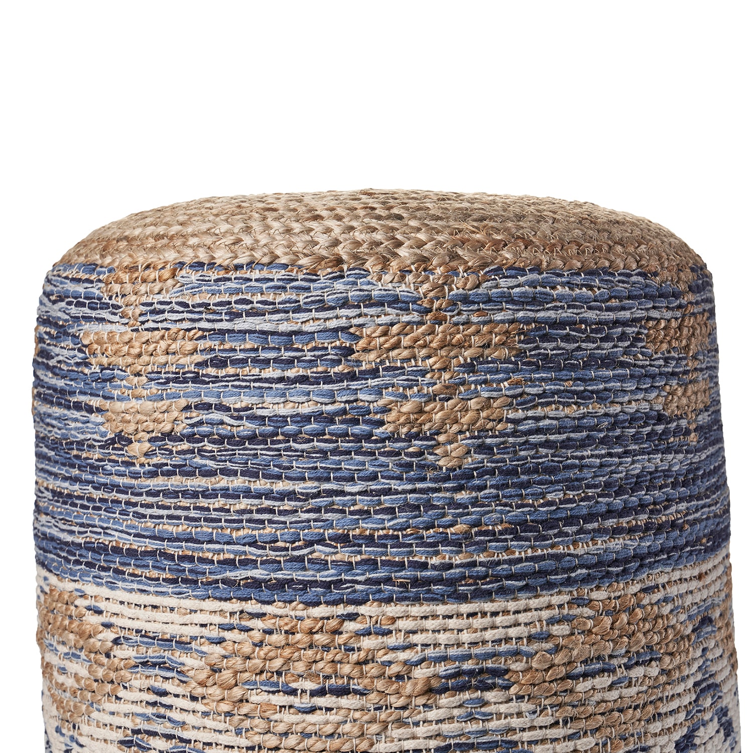 LR Home Elma 18" Handmade Jute Blend Pouf in Natural/Blue/Cream