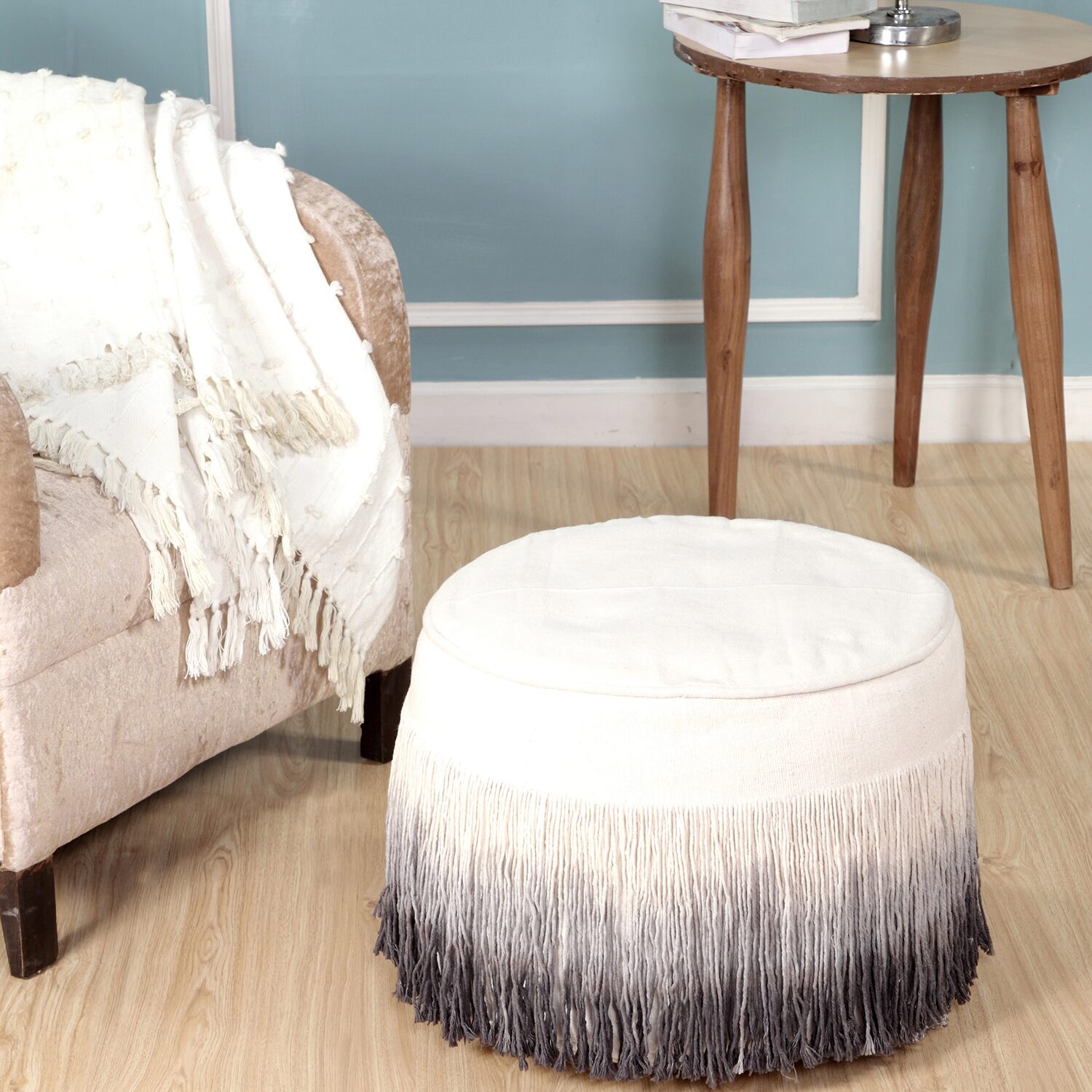 LR Home Levi 14" Handmade Cotton Pouf in Beige Ombre