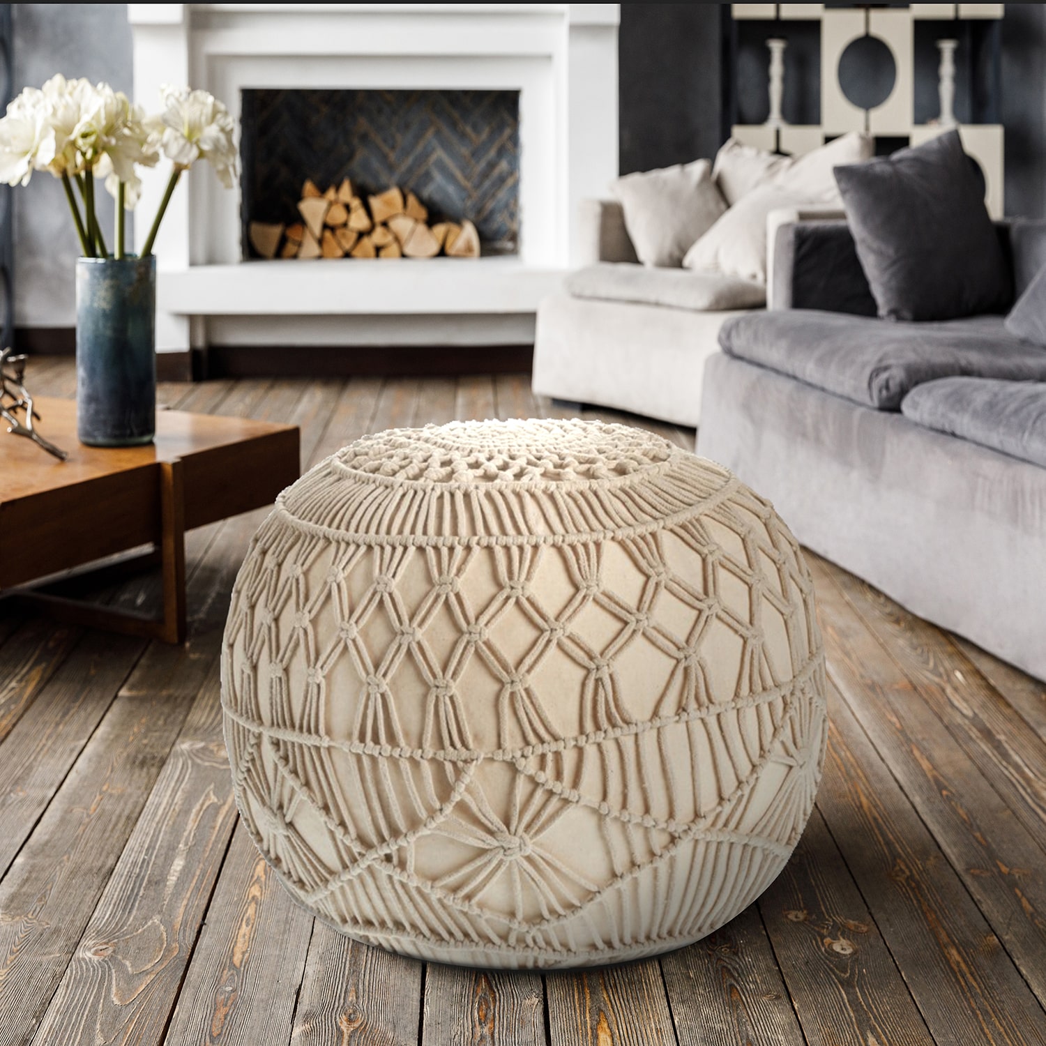 LR Home Nova Macrame 16" Handmade Cotton Blend Pouf in Cream