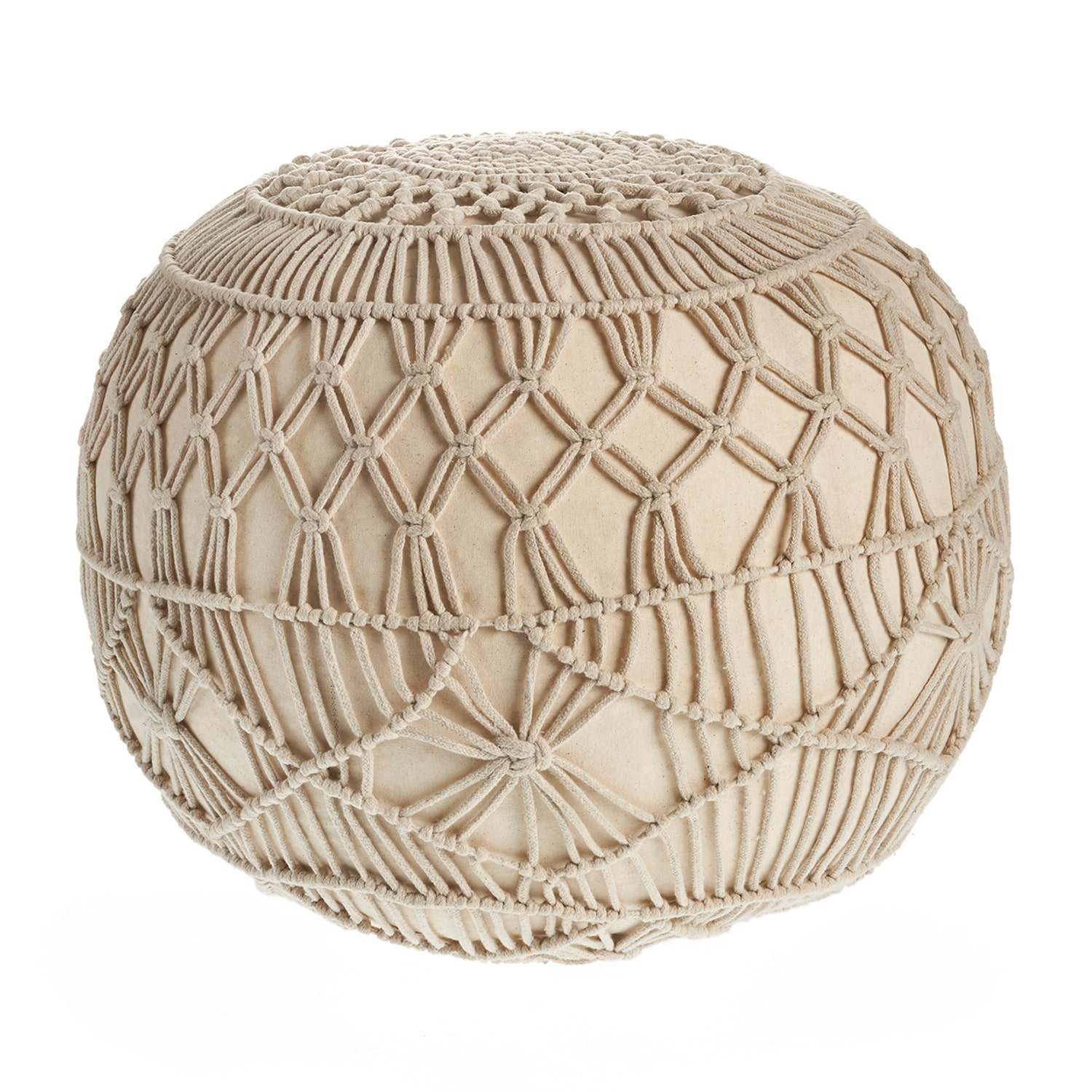 LR Home Nova Macrame 16" Handmade Cotton Blend Pouf in Cream