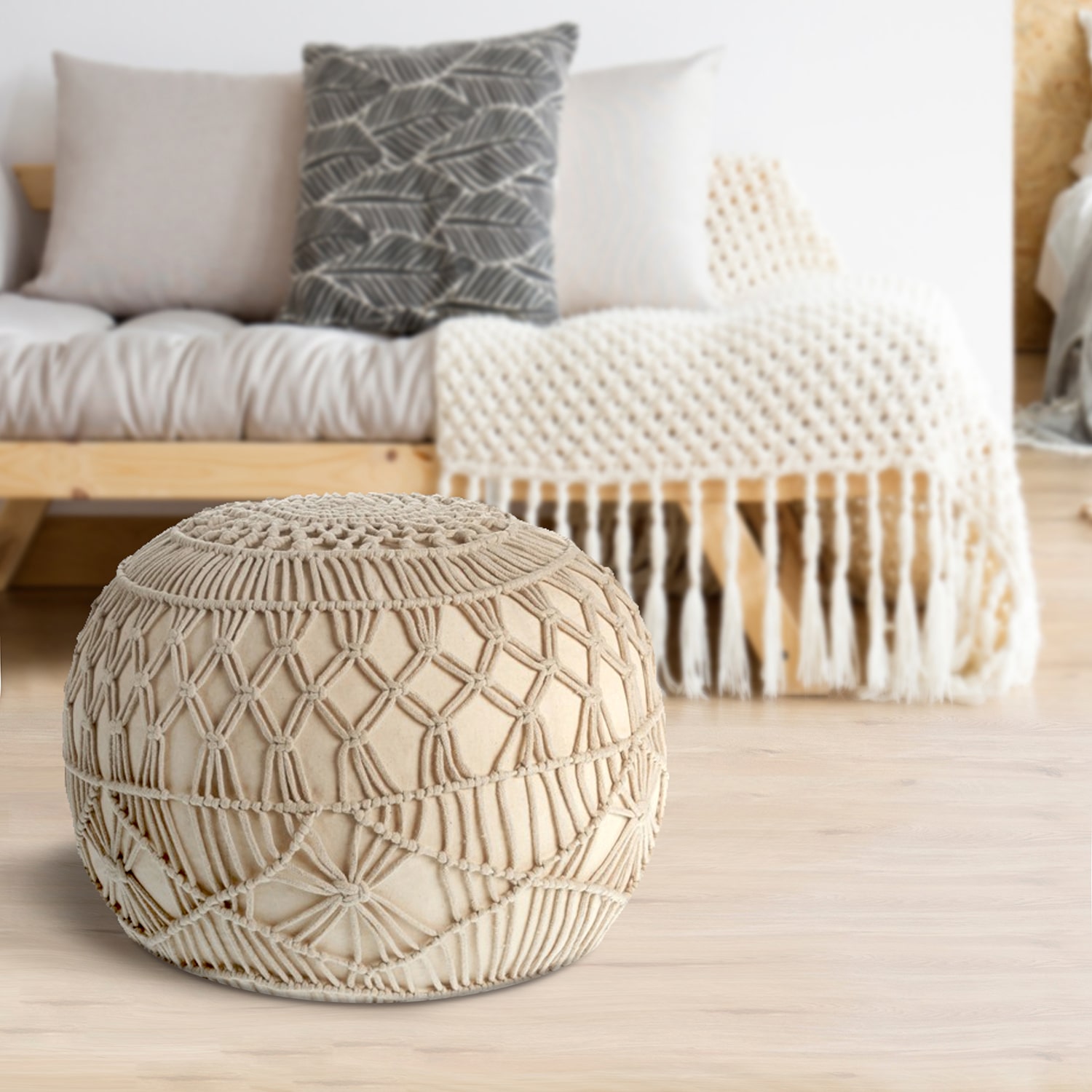 LR Home Nova Macrame 16" Handmade Cotton Blend Pouf in Cream