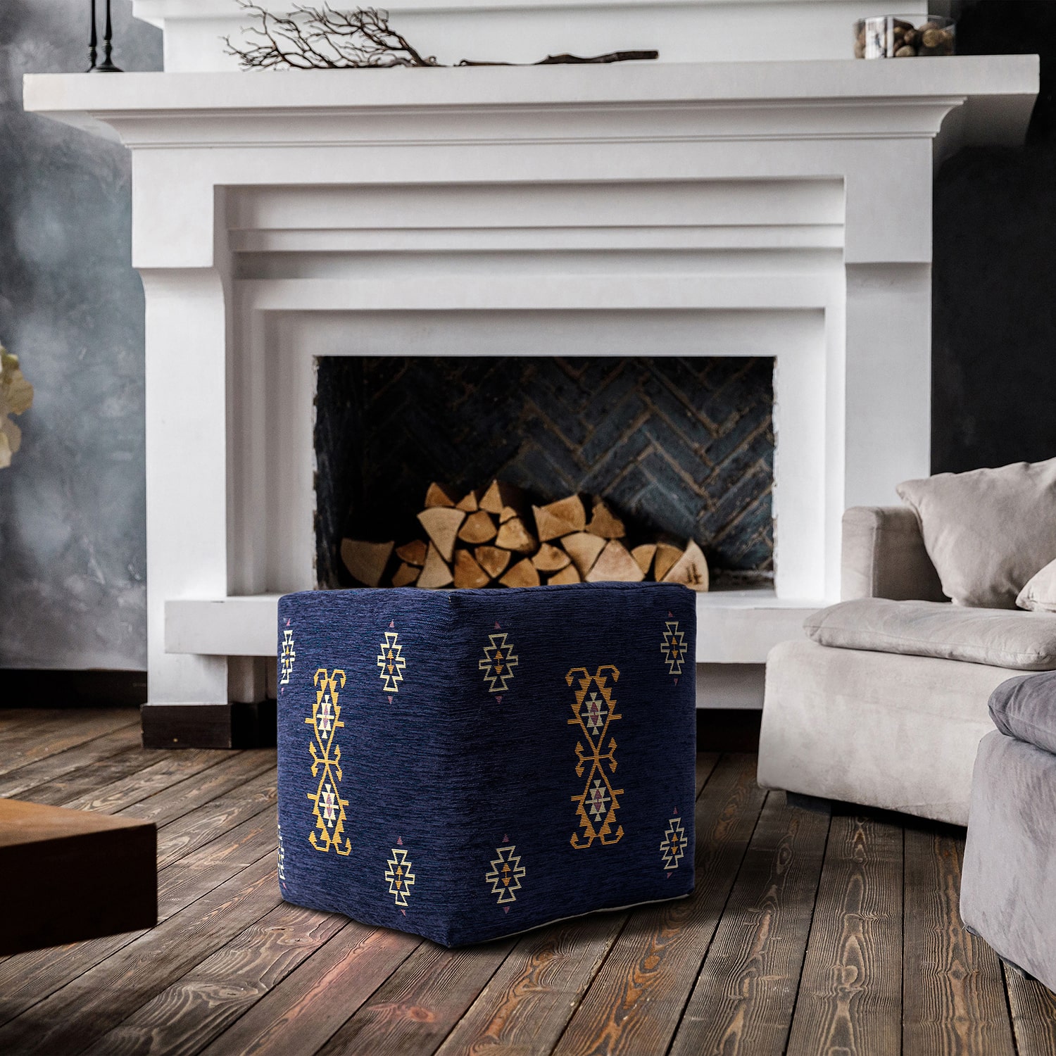LR Home Victoria 18" Power-Loomed Polyester Blend Pouf in Navy Blue