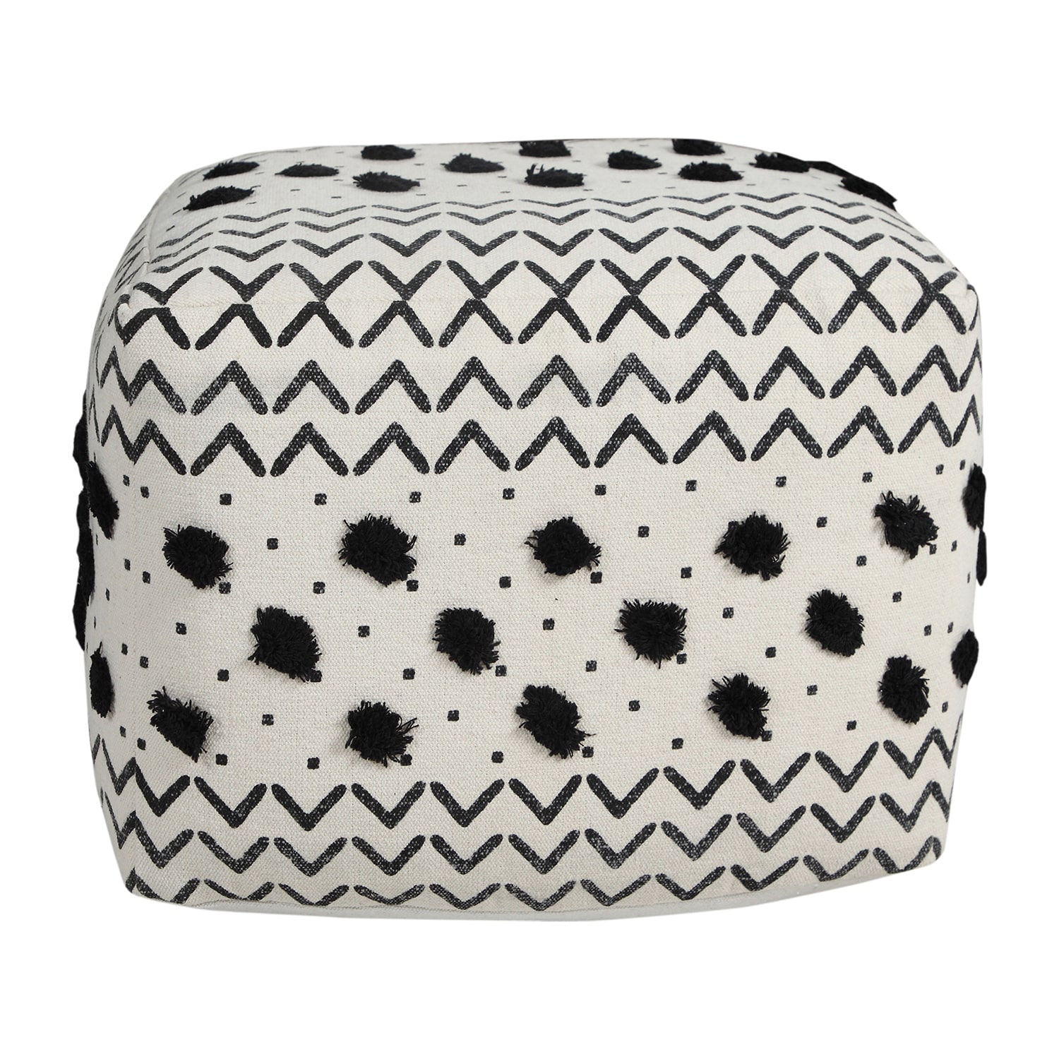LR Home Verena 14" Handmade Cotton Pouf in Black/White