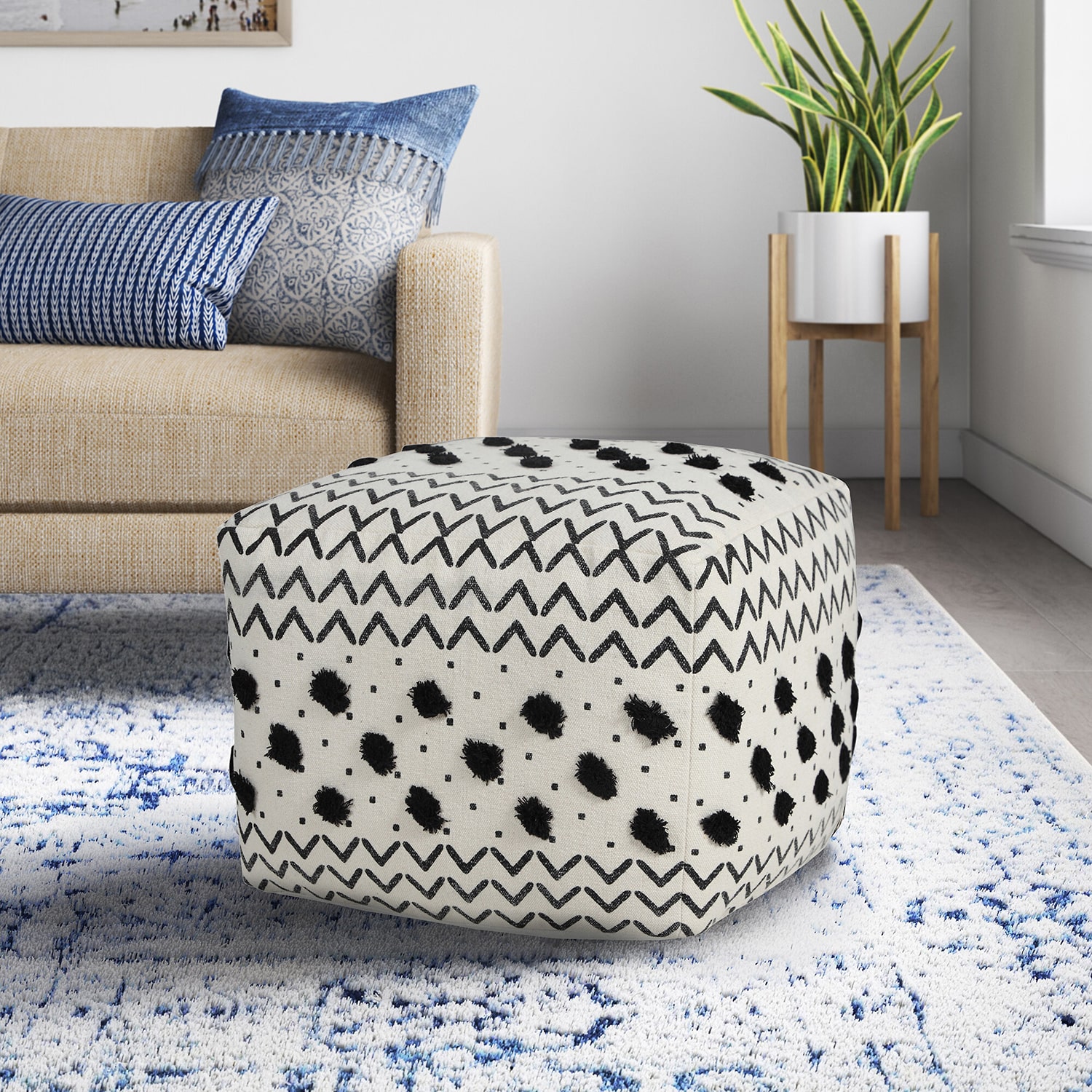 LR Home Verena 14" Handmade Cotton Pouf in Black/White