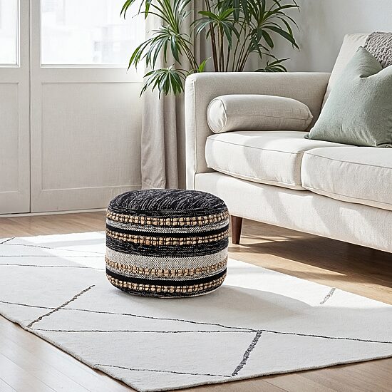 LR Home Briala 14" Handmade Cotton Blend Pouf in Black/White/Natural