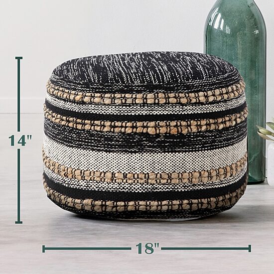 LR Home Briala 14" Handmade Cotton Blend Pouf in Black/White/Natural