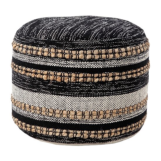 LR Home Briala 14" Handmade Cotton Blend Pouf in Black/White/Natural