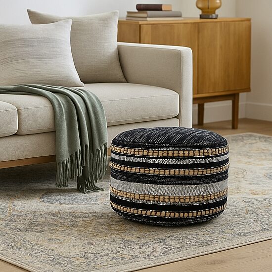 LR Home Briala 14" Handmade Cotton Blend Pouf in Black/White/Natural