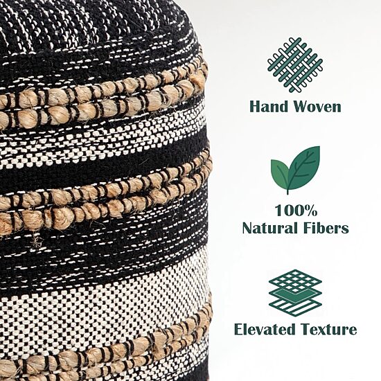 LR Home Briala 14" Handmade Cotton Blend Pouf in Black/White/Natural
