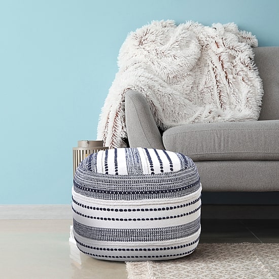 LR Home Fenric 14" Handmade Cotton Pouf in Blue/White