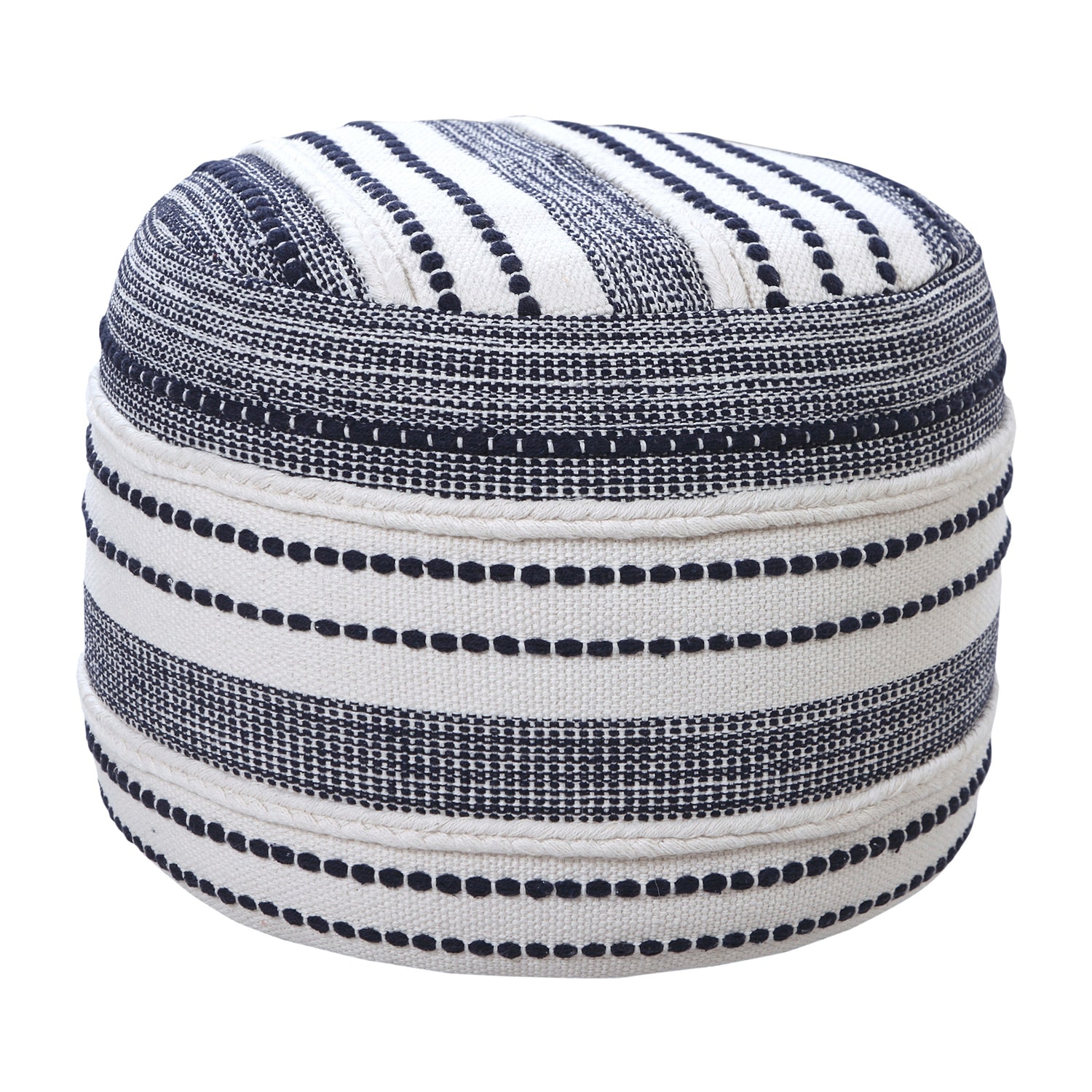 LR Home Fenric 14" Handmade Cotton Pouf in Blue/White