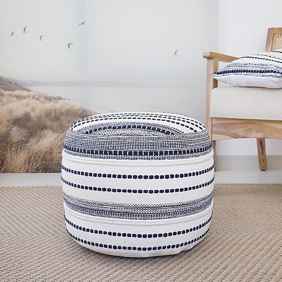LR Home Fenric 14" Handmade Cotton Pouf in Blue/White