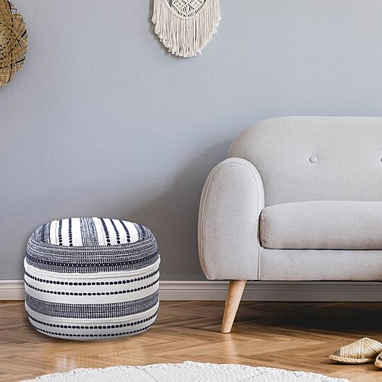 LR Home Fenric 14" Handmade Cotton Pouf in Blue/White