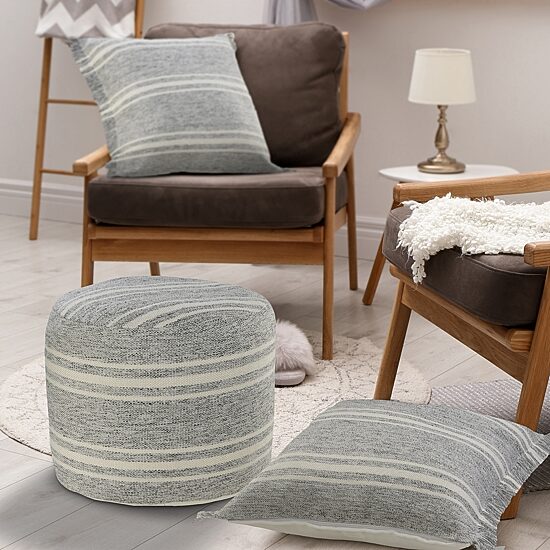 LR Home Bora 14" Handmade Polyester Pouf in Gray/Cream
