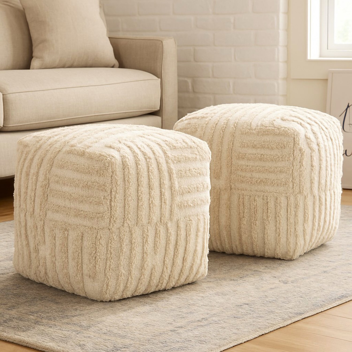 LR Home Vincenzo 18" Power-Loomed Cotton Pouf in Beige/Cream