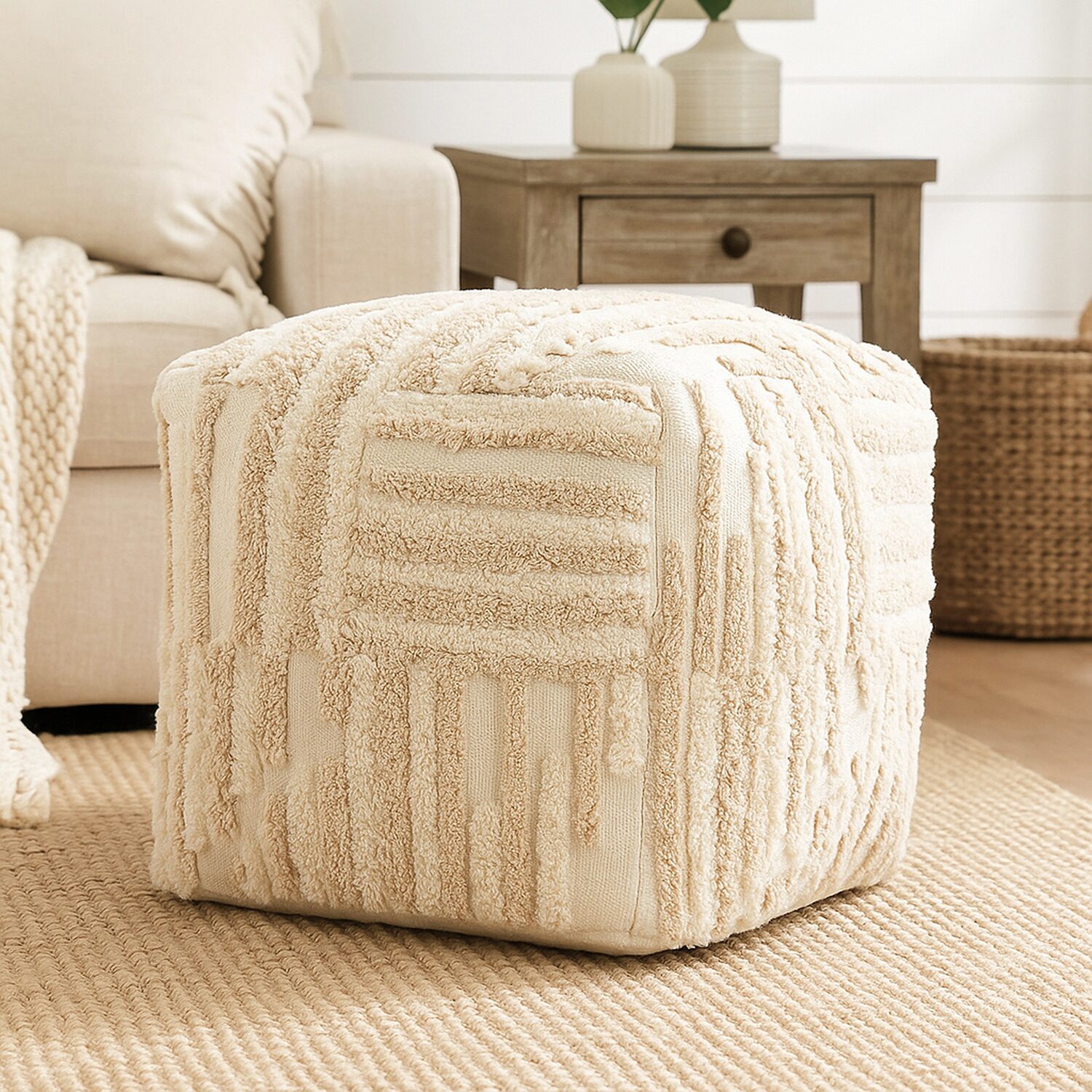 LR Home Vincenzo 18" Power-Loomed Cotton Pouf in Beige/Cream