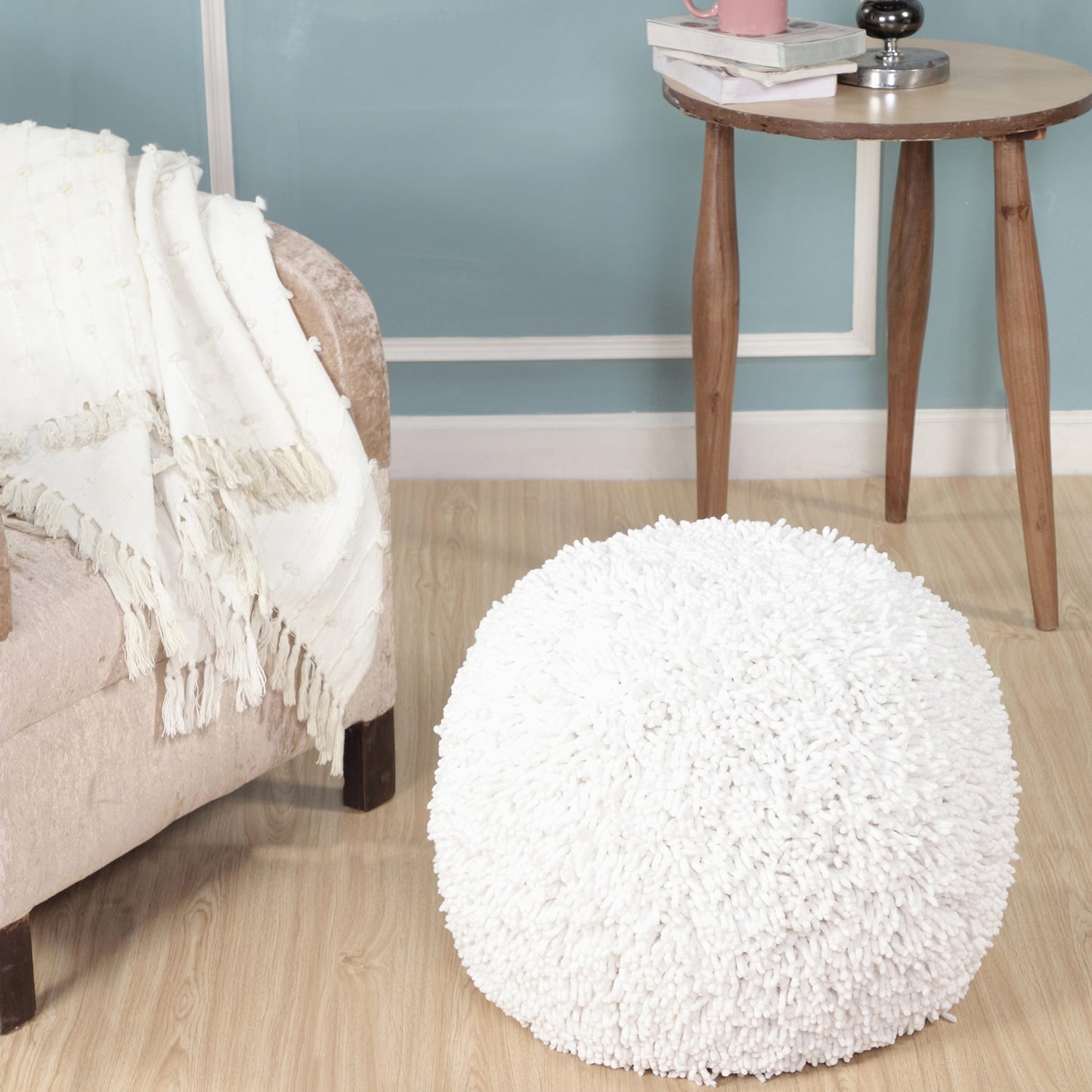 LR Home Leilani 16" Handmade Cotton Pouf in Cream