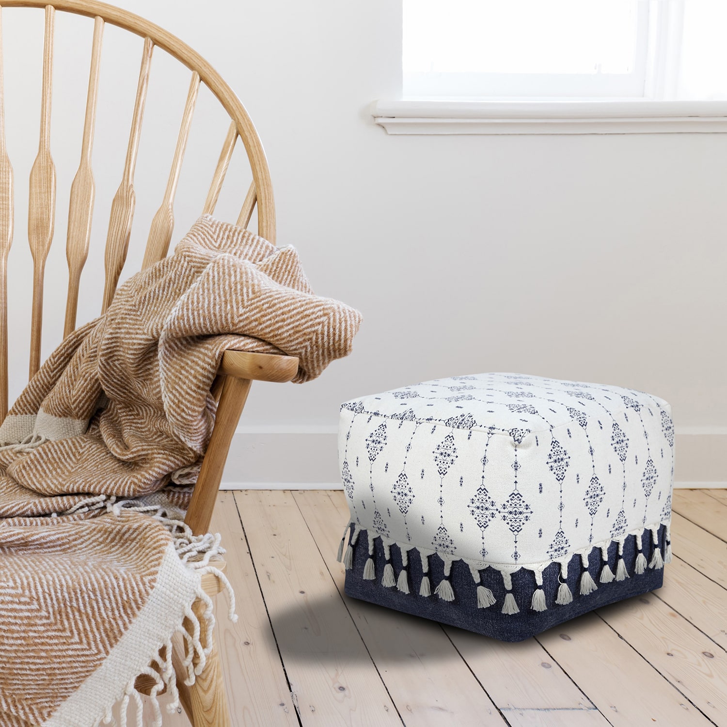 LR Home Torquil 14" Handwoven Cotton Pouf in Blue/White