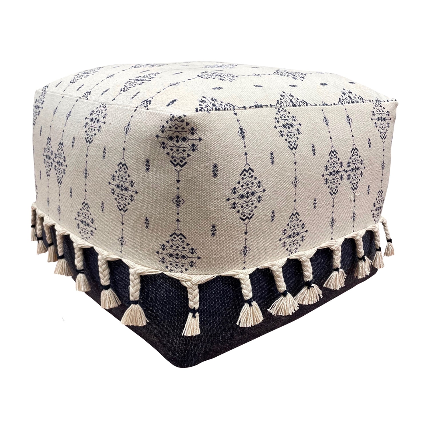LR Home Torquil 14" Handwoven Cotton Pouf in Blue/White