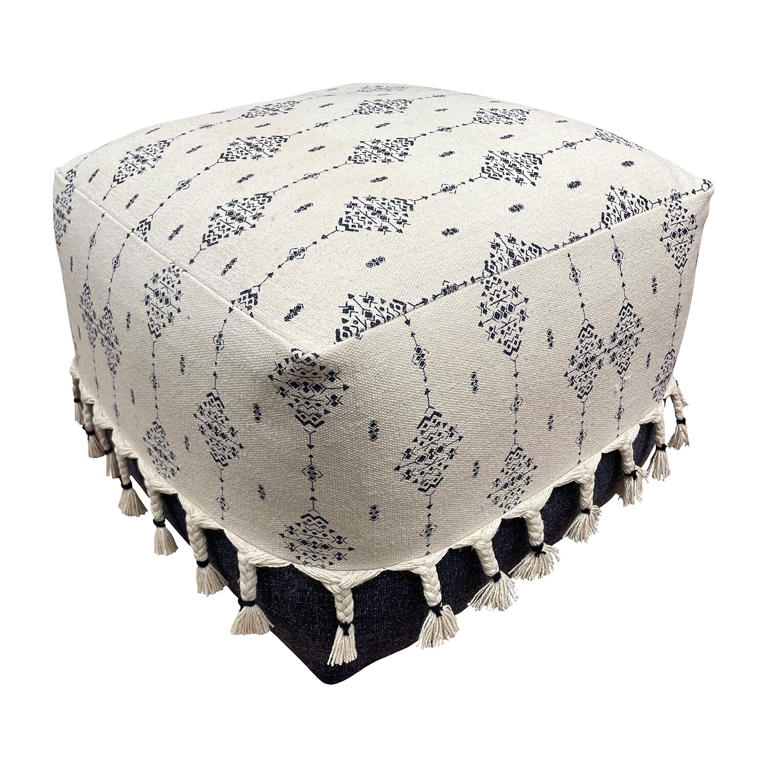 LR Home Torquil 14" Handwoven Cotton Pouf in Blue/White