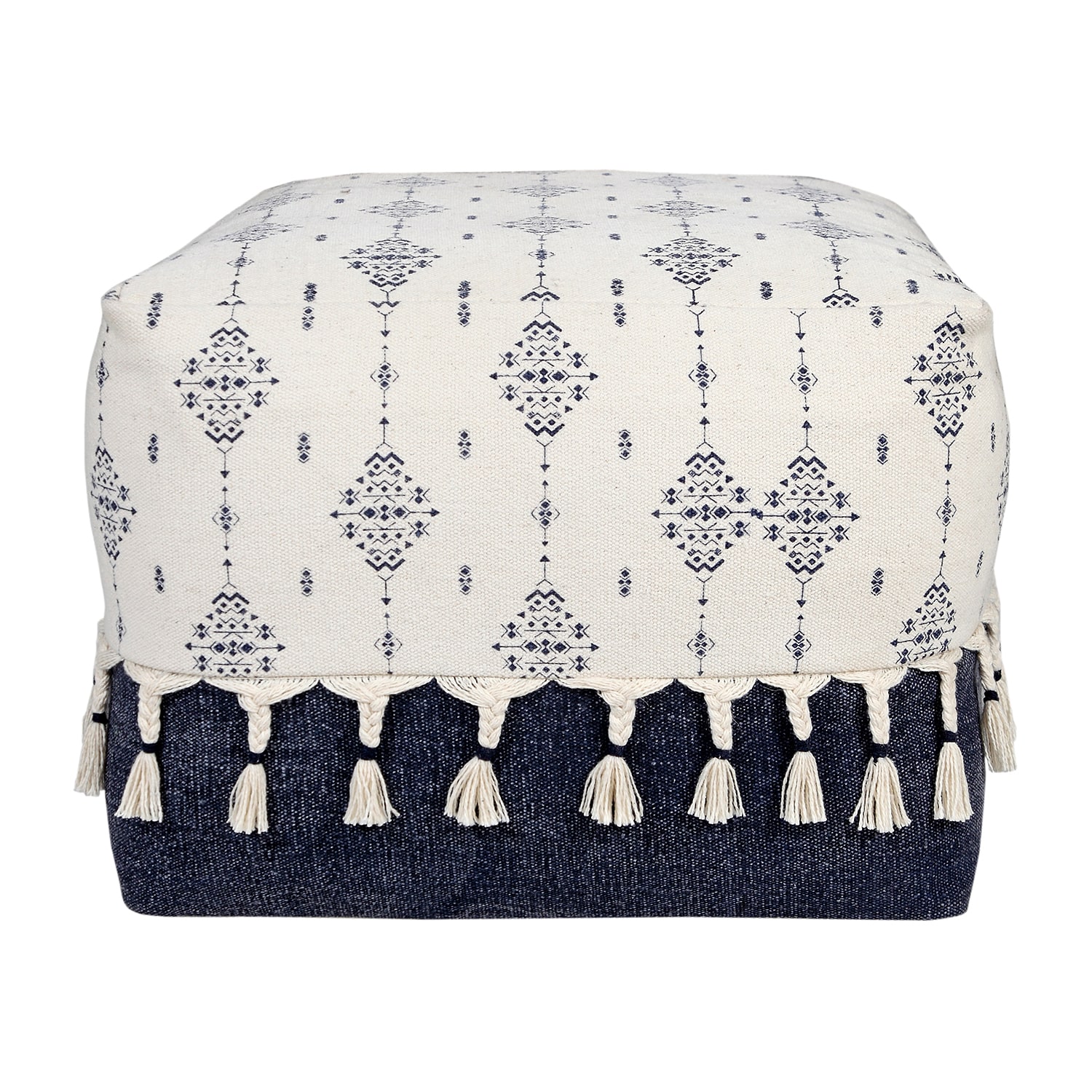 LR Home Torquil 14" Handwoven Cotton Pouf in Blue/White