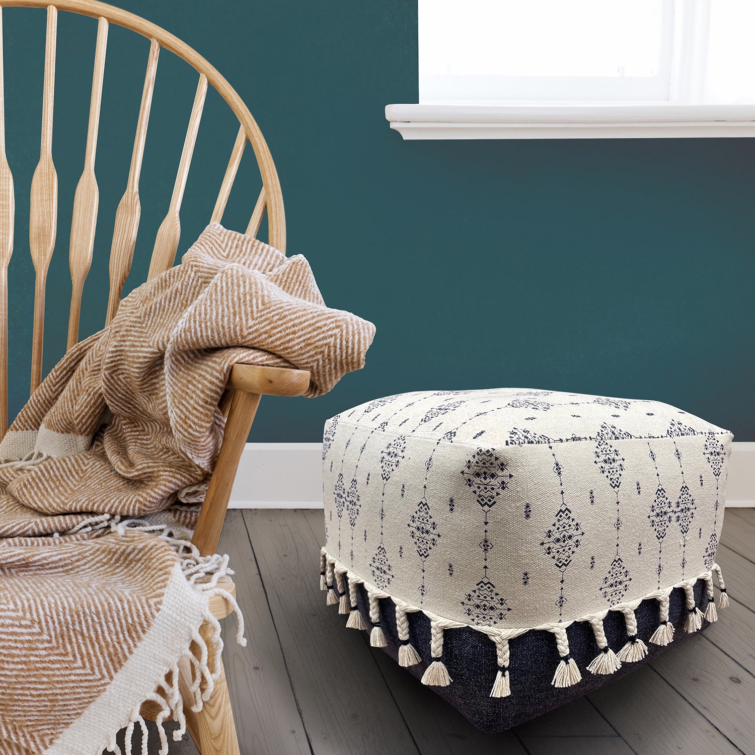 LR Home Torquil 14" Handwoven Cotton Pouf in Blue/White