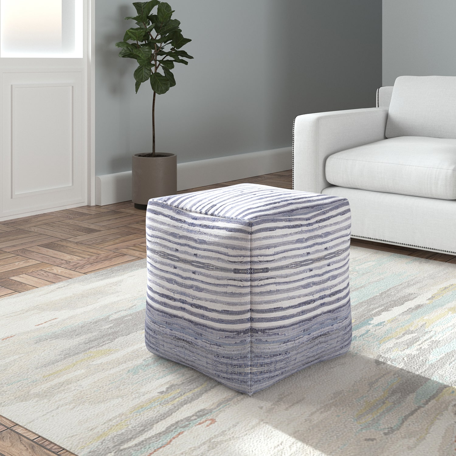 LR Home Emilia 18" Handmade Cotton Pouf in Blue/White