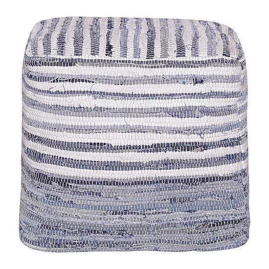 LR Home Emilia 18" Handmade Cotton Pouf in Blue/White