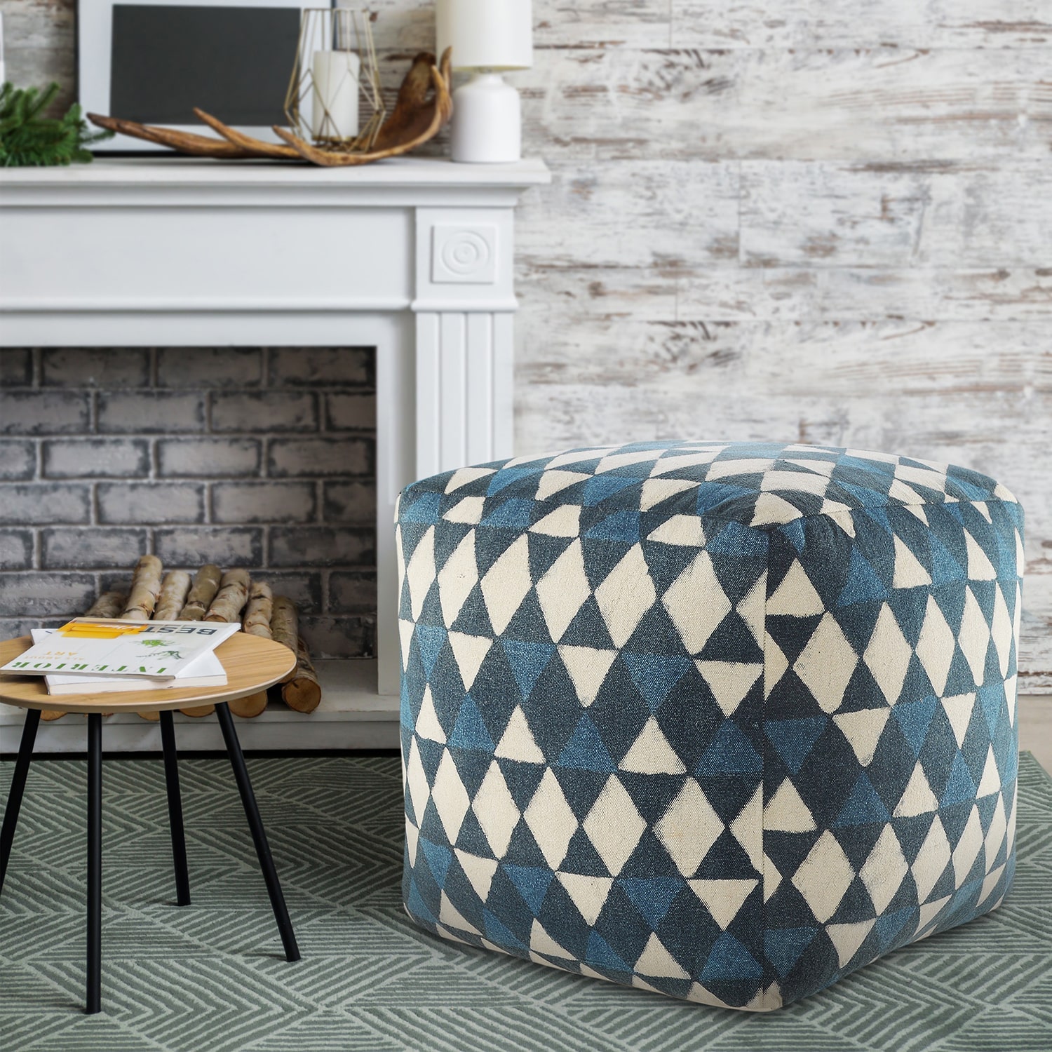 LR Home Carmel 20" Handmade Cotton Pouf in Blue/Cream