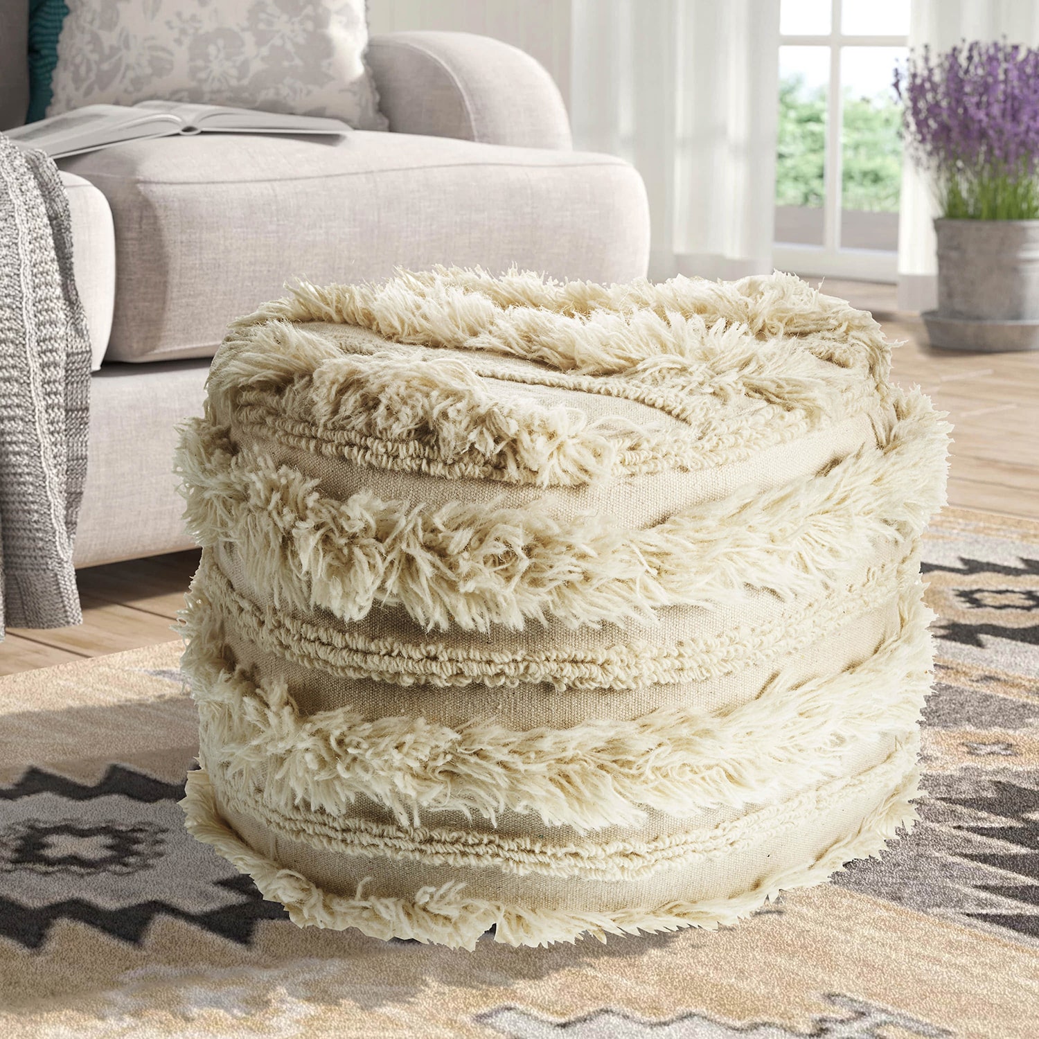 LR Home Liam 14" Handmade Cotton Pouf in Ivory
