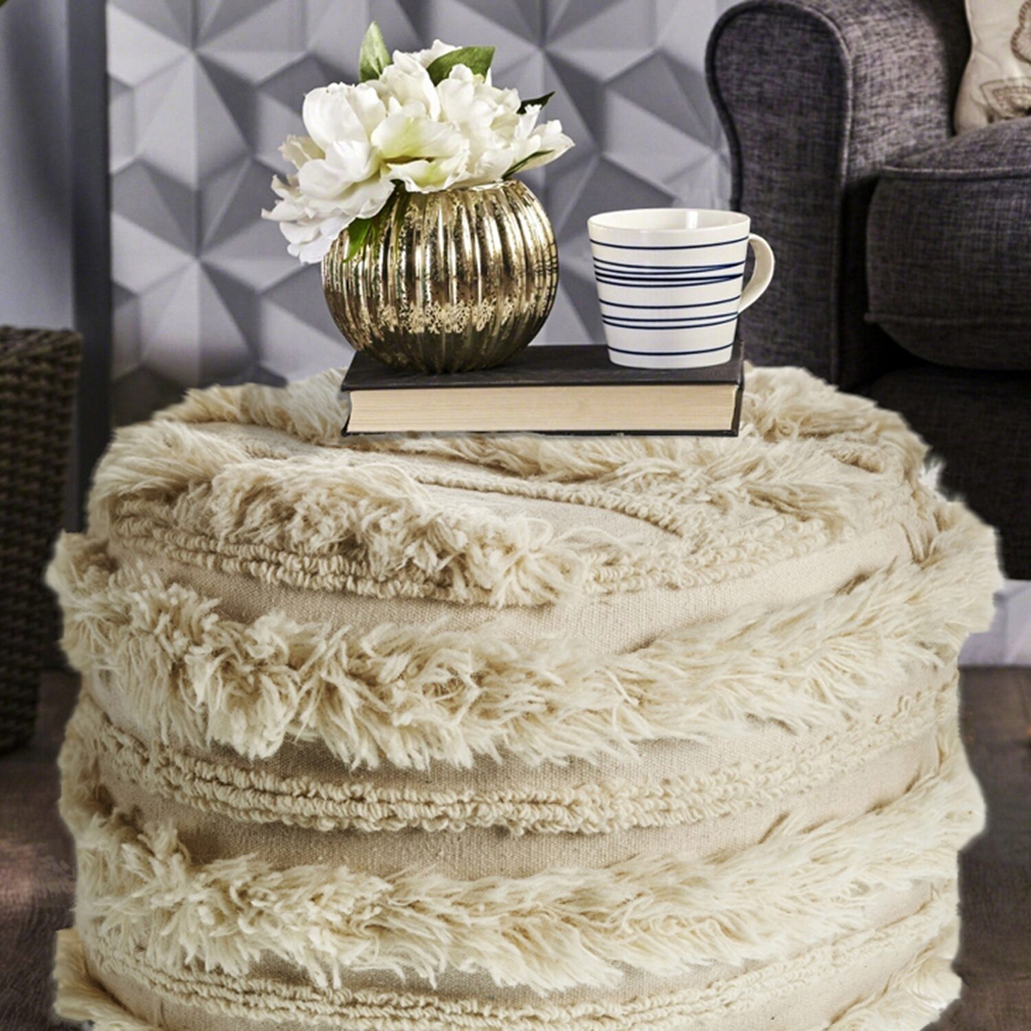 LR Home Liam 14" Handmade Cotton Pouf in Ivory