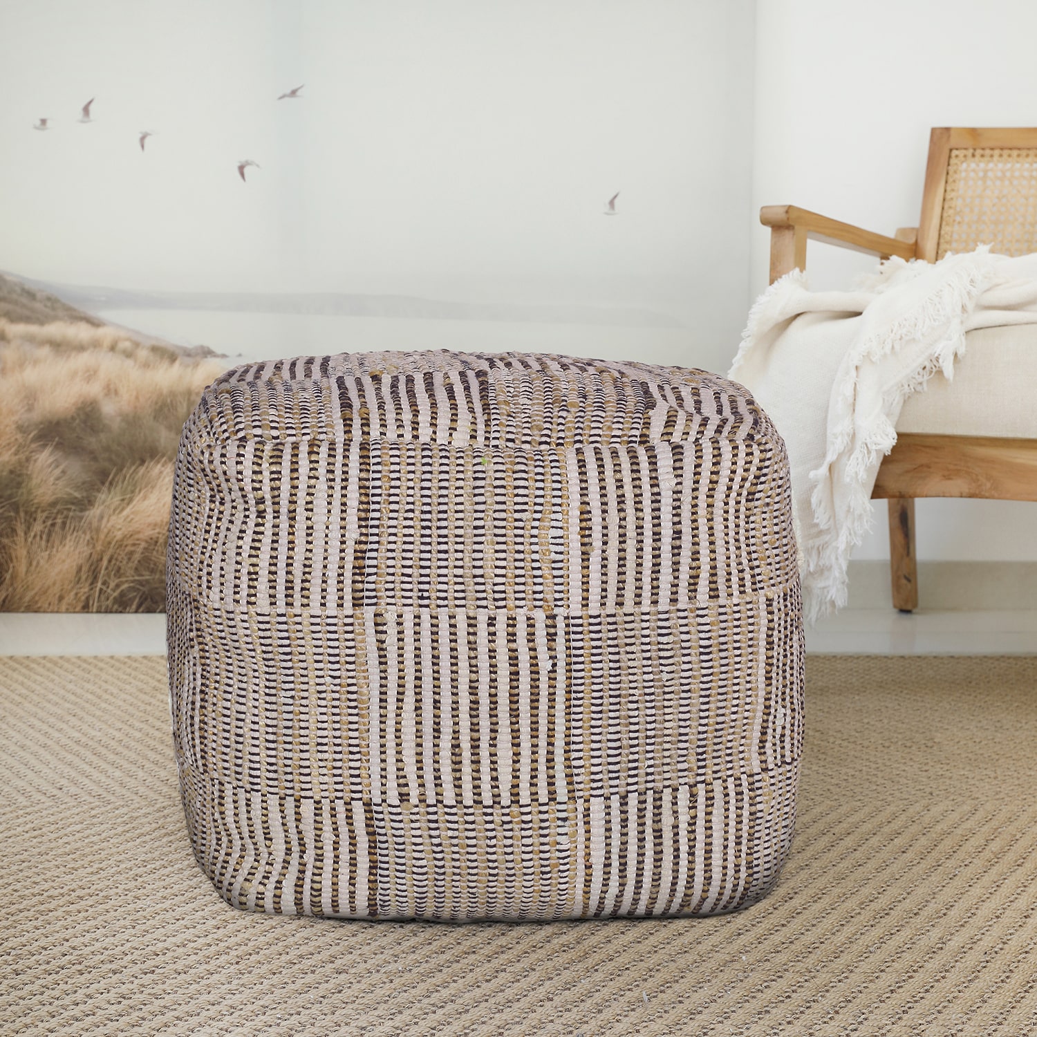 LR Home Emily 18" Handmade Cotton And Jute Pouf in Natural/Cream