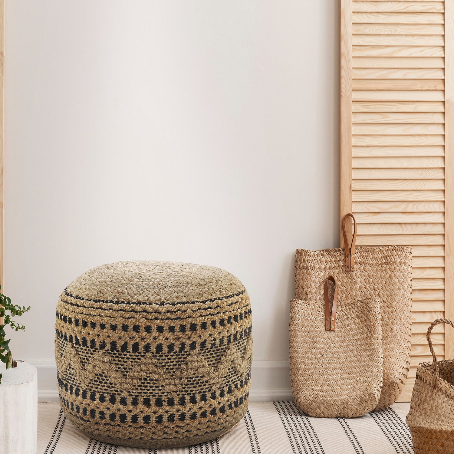 LR Home John 14" Handmade Jute Blend Pouf in Tan/Black