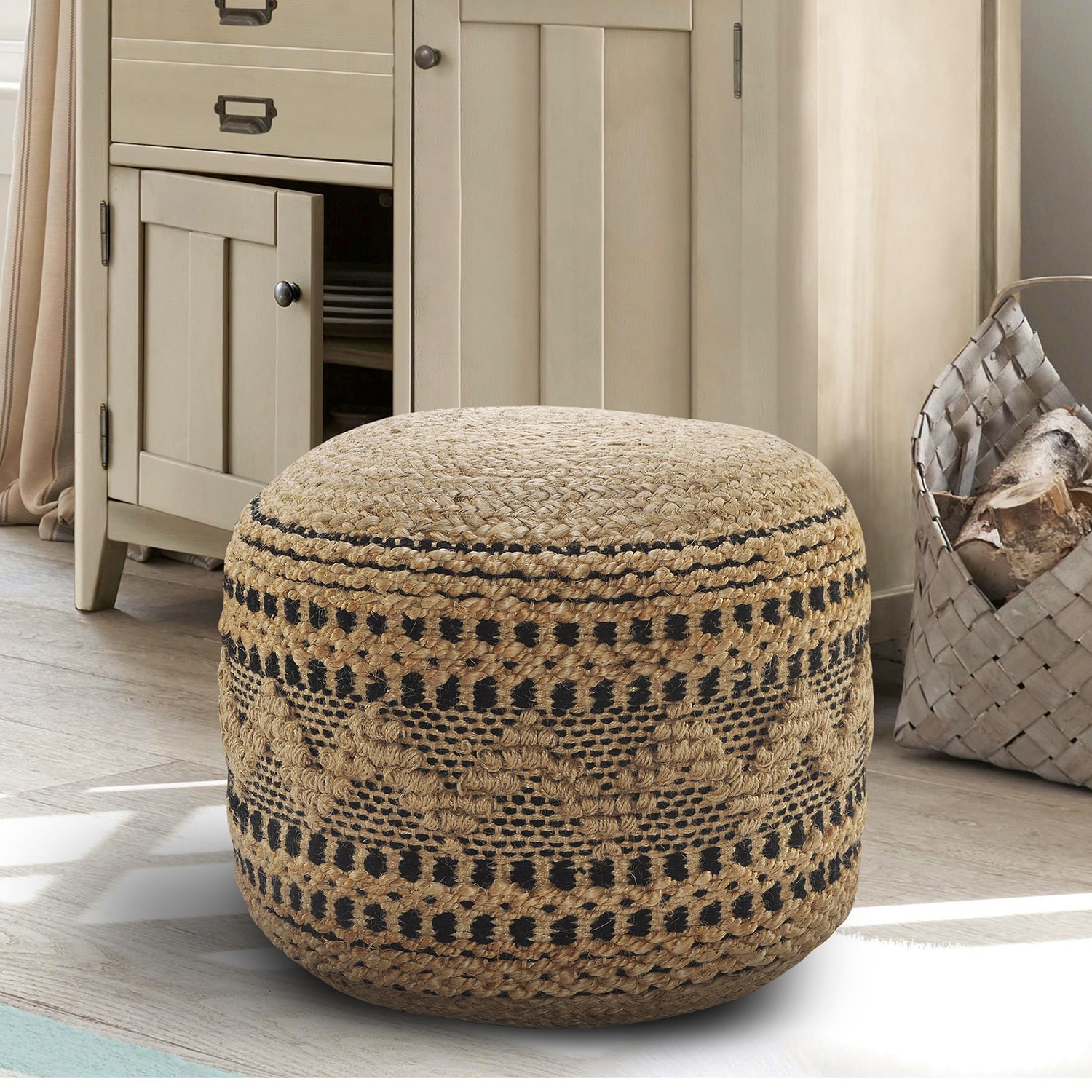 LR Home John 14" Handmade Jute Blend Pouf in Tan/Black