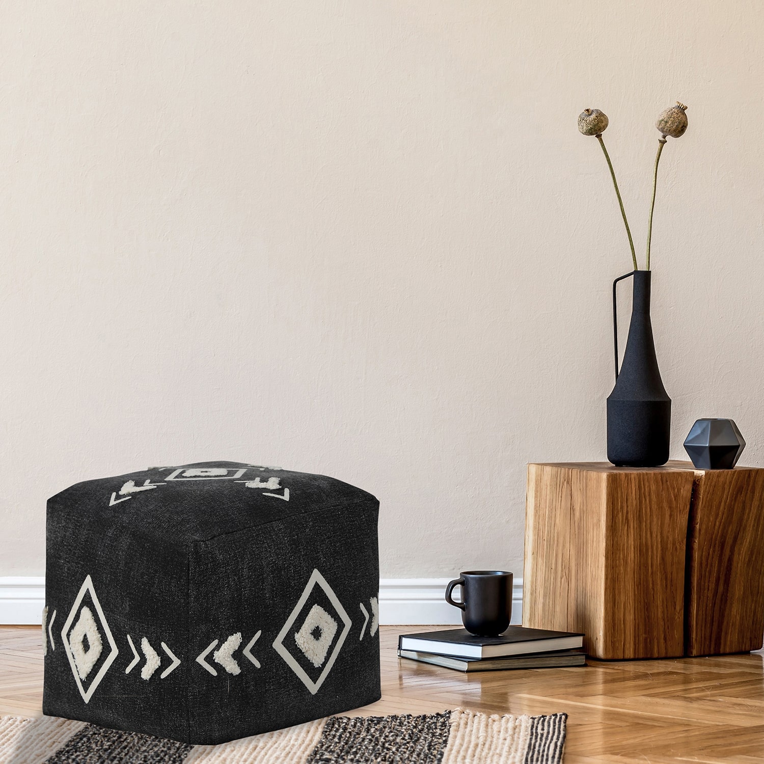 LR Home Vasilisa 14" Handmade Cotton Pouf in Black/White