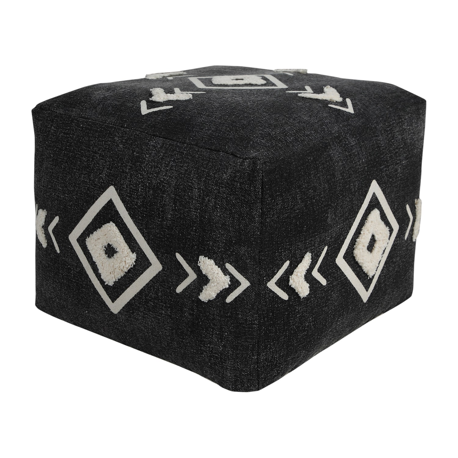LR Home Vasilisa 14" Handmade Cotton Pouf in Black/White