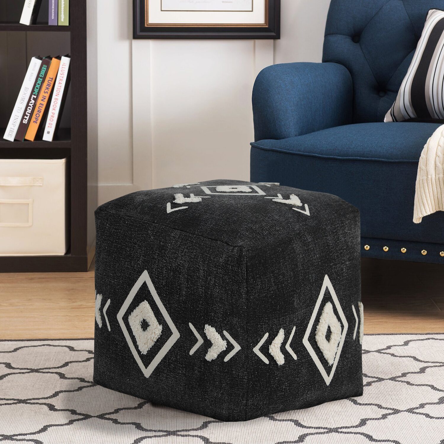 LR Home Vasilisa 14" Handmade Cotton Pouf in Black/White