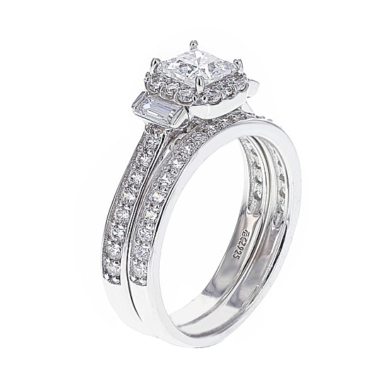 DiamonArt® Cubic Zirconia Sterling Silver 3-Stone Bridal Ring Set