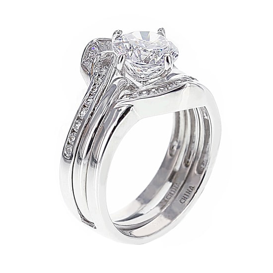DiamonArt® Cubic Zirconia Sterling Silver Solitaire Bridal Ring & Guard