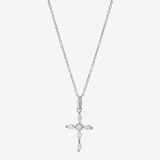 Silver Treasures Womens Cubic Zirconia Sterling Silver Cross 18 Inch Pendant Necklace
