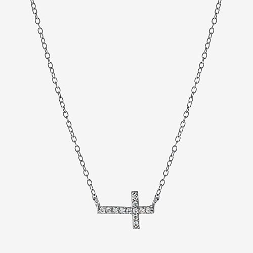Silver Treasures Womens Cubic Zirconia Sterling Silver Cross 16 Inch Pendant Necklace, One Size