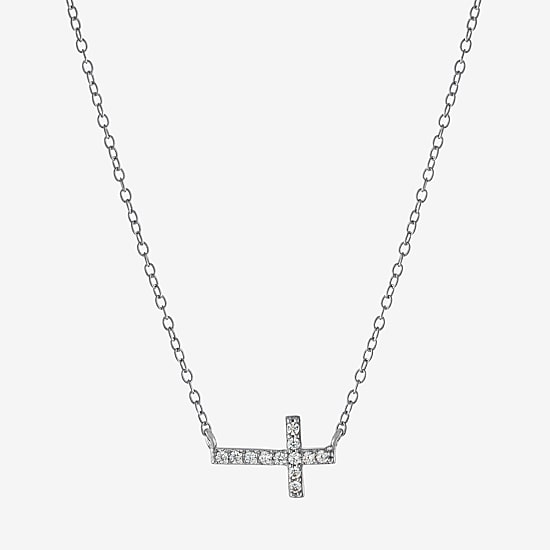 Silver Treasures Womens Cubic Zirconia Sterling Silver Cross 16 Inch Pendant Necklace