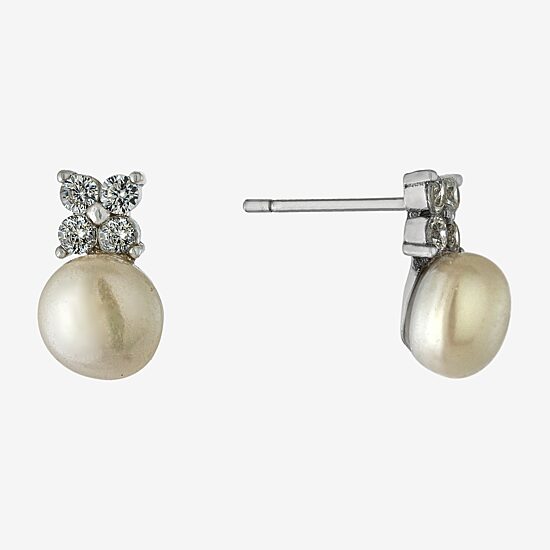 Silver Treasures White Simulated Pearl Sterling Silver 10.7mm Flower Stud Earrings