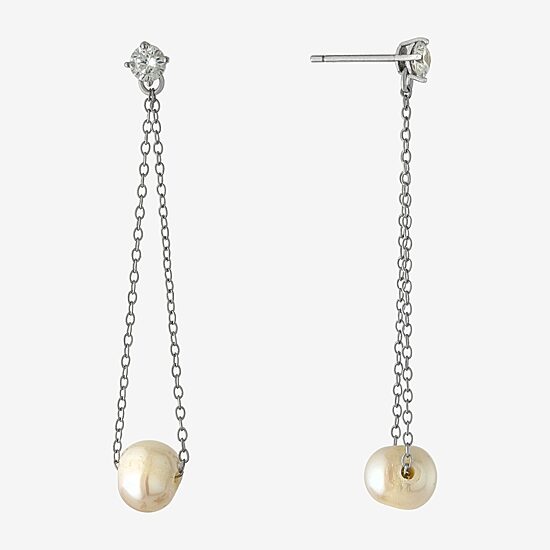 Silver Treasures Womens White Simulated Pearl Sterling Silver Drop Earrings