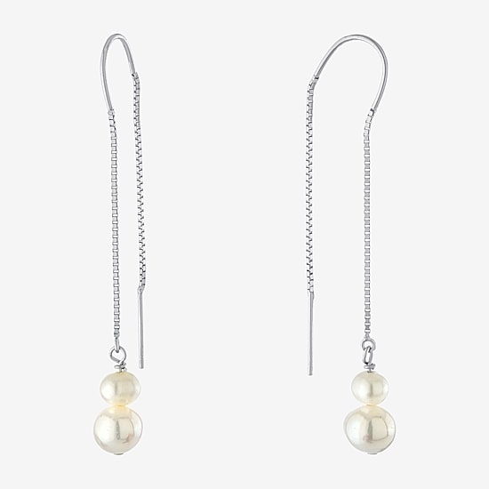 Silver Treasures Womens White Simulated Pearl Sterling Silver Moon Drop Earrings