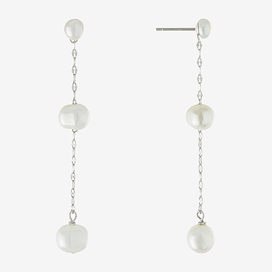 Silver Treasures Womens White Simulated Pearl Sterling Silver Drop Earrings