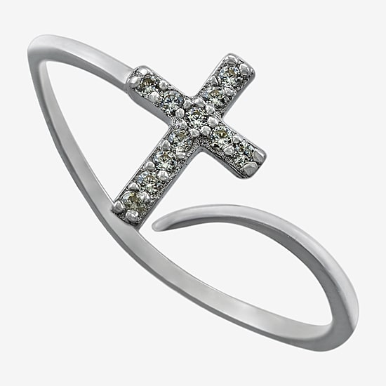 Silver Treasures Womens Cubic Zirconia Sterling Silver Cross Bypass  Band