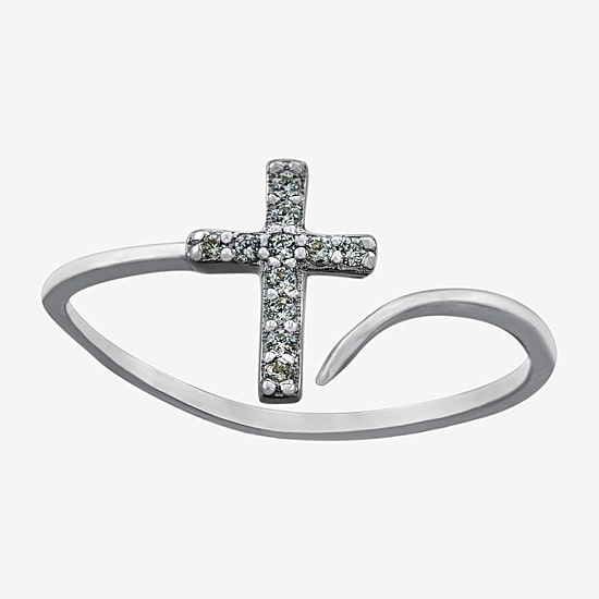 Silver Treasures Womens Cubic Zirconia Sterling Silver Cross Bypass  Band