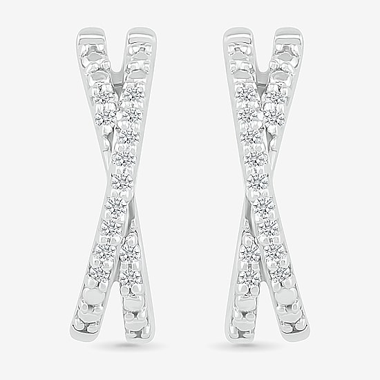Crossover C-Hoop Womens 1/10 CT. T.W. Natural White Diamond Sterling Silver 14mm Hoop Earrings