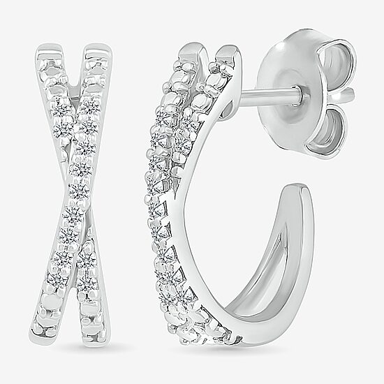 Crossover C-Hoop Womens 1/10 CT. T.W. Natural White Diamond Sterling Silver 14mm Hoop Earrings